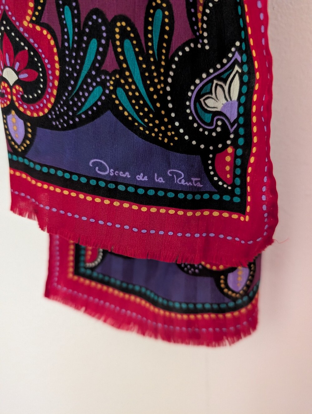 Vintage Oscar de la Renta Colorful Paisley Micro-fringe Scarf